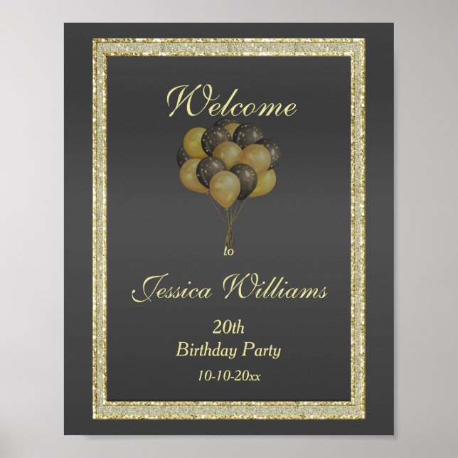 Posh Gold & Black, Glitter & Balloons Birthday Poster (Front)