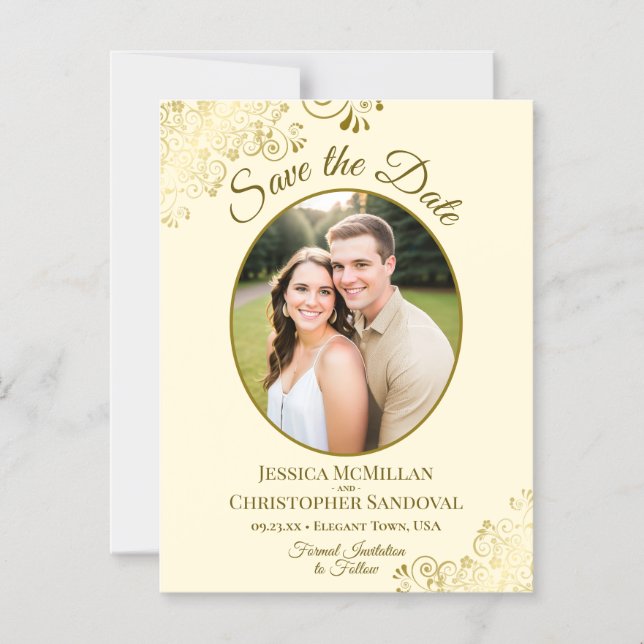 Posh Gold & Cream Wedding Save the Date Oval Photo Magnetic Invitation (Front)