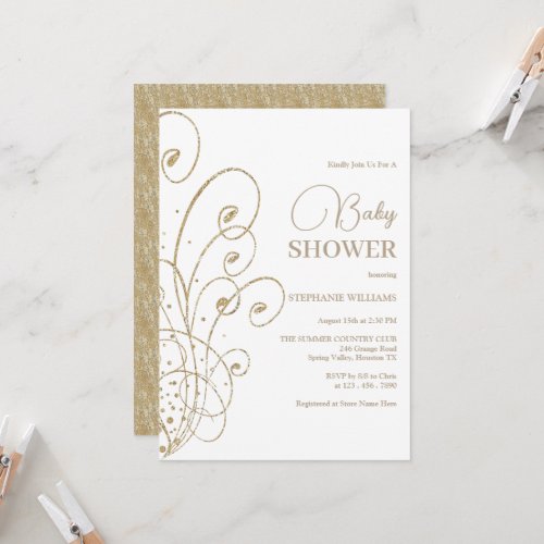 Posh Gold Glitter Swirls  Flourishes Baby Shower Invitation