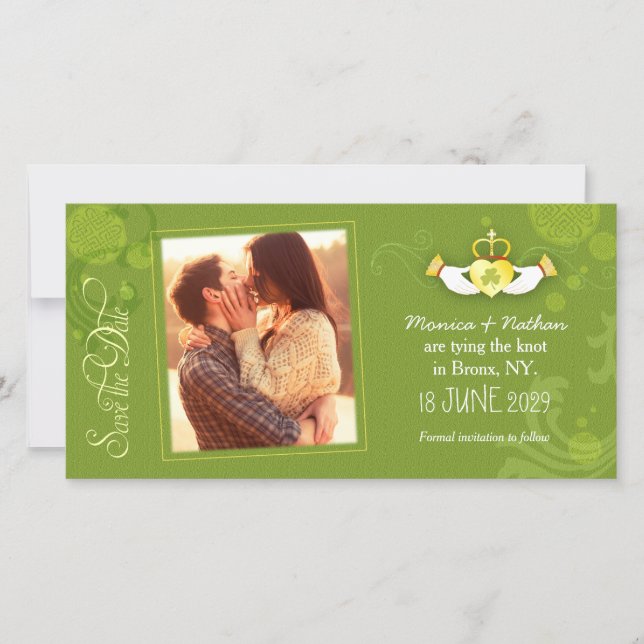 Posh Green Irish Wedding Photo Save the Date Card (Front)