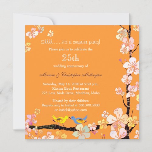 Posh Kissing Birds Surprise 25th Anniversary Party Invitation