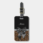 Posh Leopard Print Elegant Black Bow And Name Luggage Tag at Zazzle