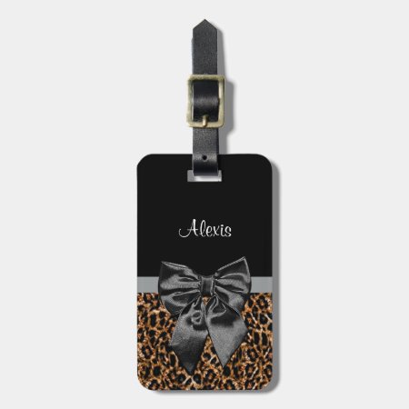 Posh Leopard Print Elegant Black Bow And Name Luggage Tag