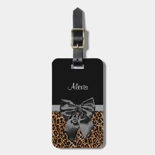 Posh Leopard Print Elegant Black Bow and Name Luggage Tag