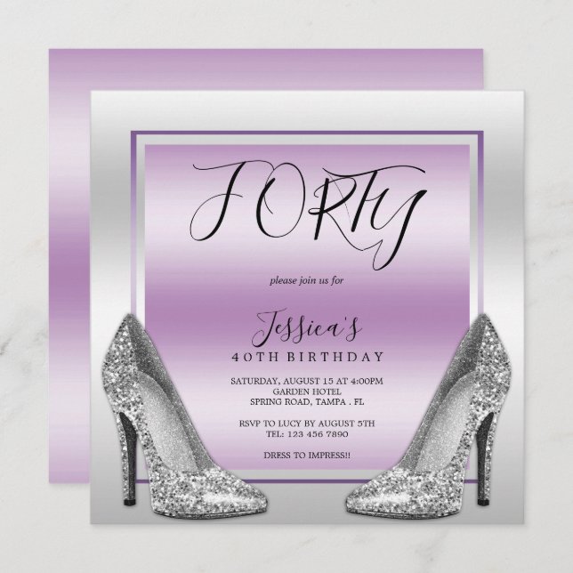Posh Lilac & Silver Stilettos 40th Birthday Invitation (Front/Back)