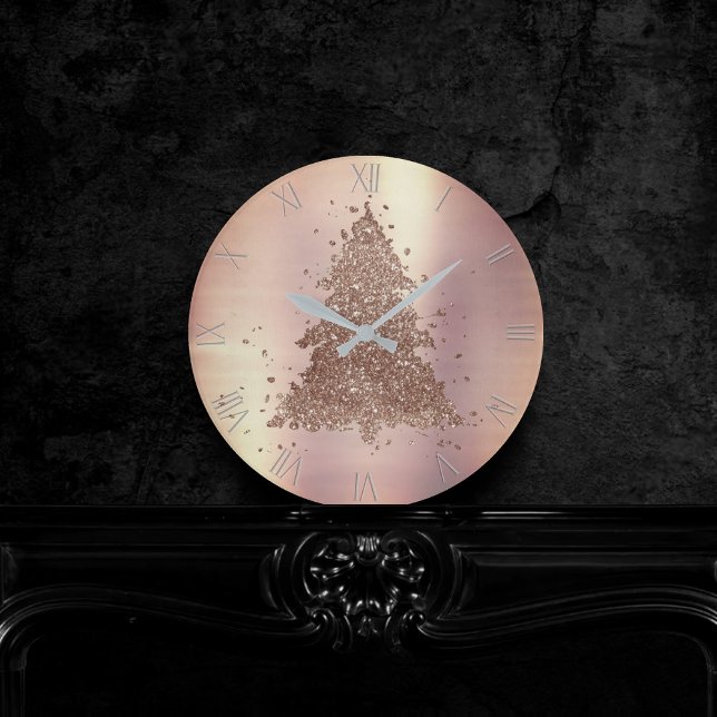 Posh Merry Christmas | Glam Rose Gold Blush Tree Round Clock (Creator Uploaded)