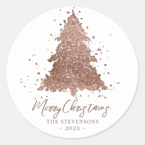 Posh Merry Christmas  Glam Rose Gold Tree Custom Classic Round Sticker