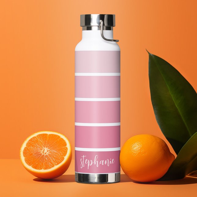 Posh Pink Retro Stripes Gradient - Script Name Water Bottle (Personalized water bottle - custom name on huge pink stripes)