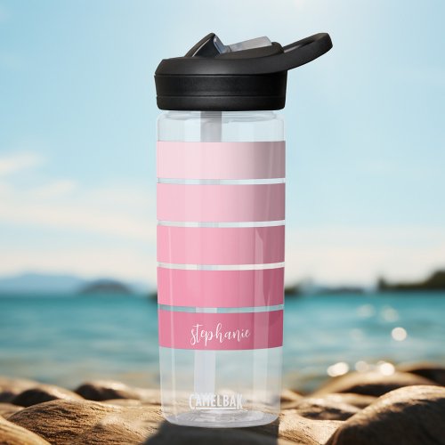 Posh Pink Retro Stripes Gradient _ Script Name Water Bottle