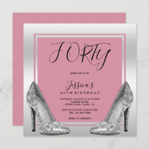Posh Pink & Silver Stilettos 40th Birthday Invitation