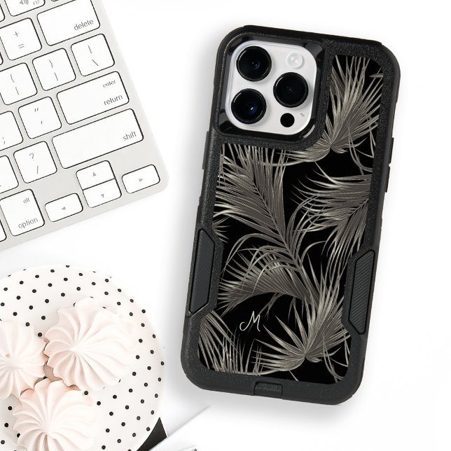 Posh Platinum Palm Fronds Tropical with Monogram Otterbox iPhone Case (Creator Uploaded)