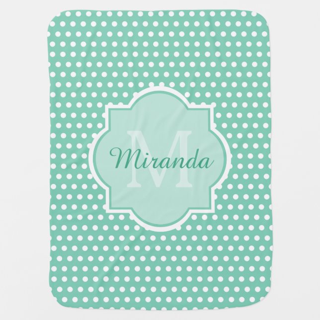 Posh Polka Dots Mint Green Monogram and Name Baby Blanket (Front)