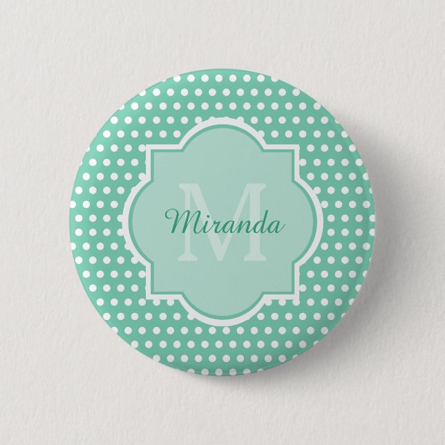 Posh Polka Dots Mint Green Monogram and Name Button (Front)