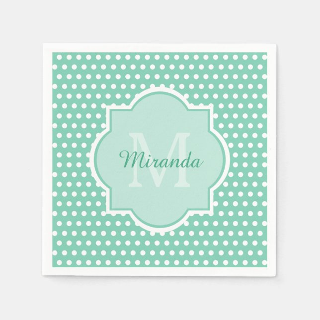 Posh Polka Dots Mint Green Monogram and Name Napkins (Front)