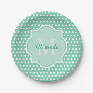 Posh Polka Dots Mint Green Monogram and Name Paper Plates