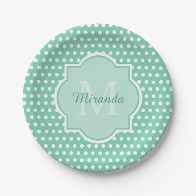 Posh Polka Dots Mint Green Monogram and Name Paper Plates (Front)