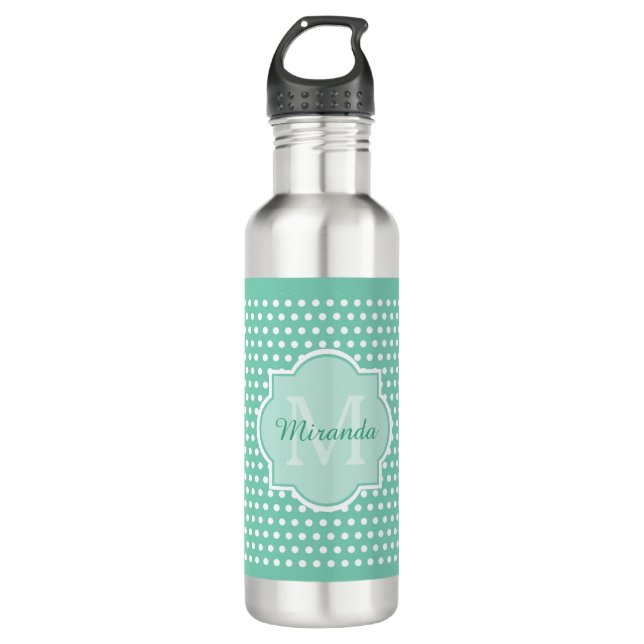 Posh Polka Dots Mint Green Monogram and Name Water Bottle (Front)