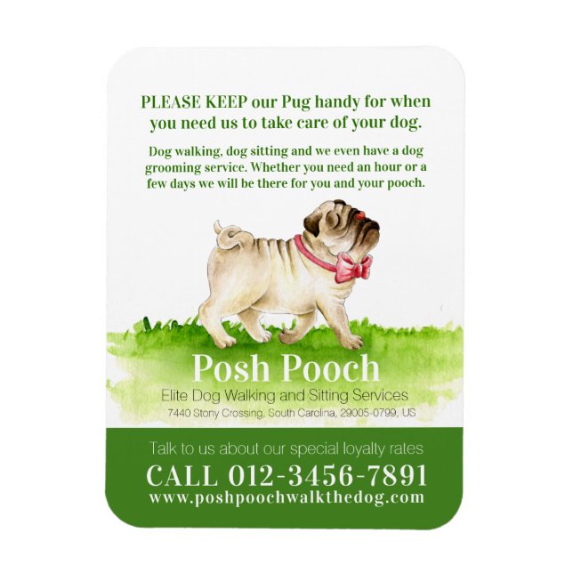 Posh pooch cute pug dog walking services business magnet (Vertical)
