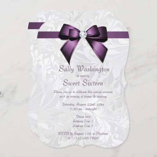 Posh Purple Diamond Bow  Damask Sweet 16 Invitation