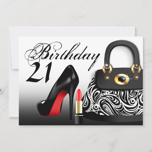 Posh Purse, High Heels and Lipstick 21st Birthday Invitation (Front)