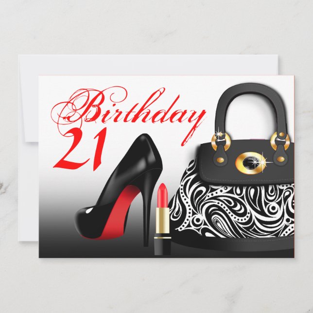 Posh Purse, High Heels and Lipstick 21st Birthday Invitation (Front)