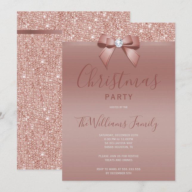 Posh Rose Gold Jewel Bow Christmas Party Invitation (Front/Back)