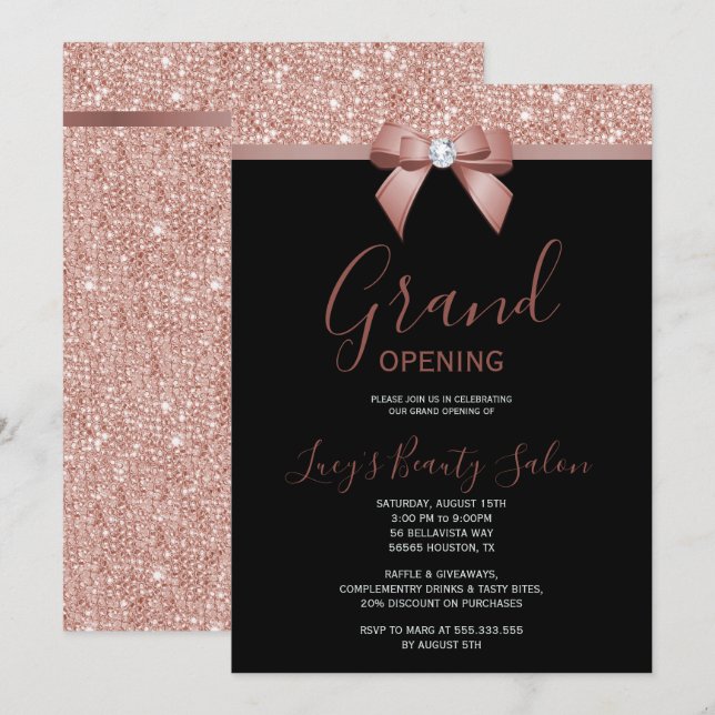 Posh Rose Gold Jewel Bow Grand Opening Invitation (Front/Back)