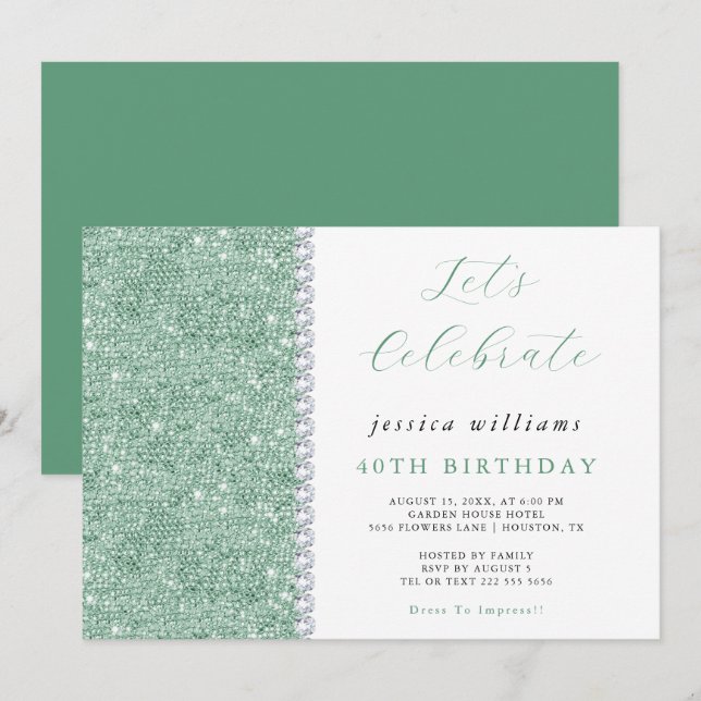 Posh Sequins & Diamonds Mint Green Birthday  Invitation (Front/Back)
