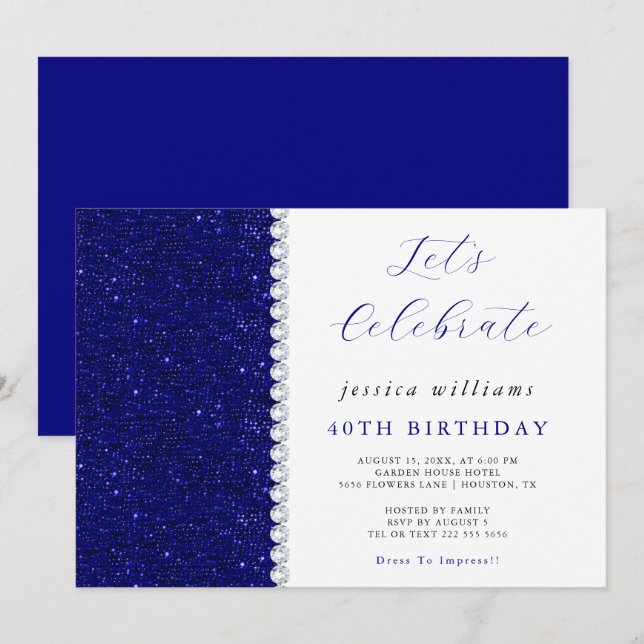 Posh Sequins & Diamonds Navy Birthday  Invitation (Front/Back)
