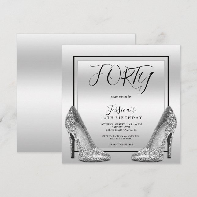 Posh Silvers & Silver Stilettos 40th Birthday Invitation (Front/Back)