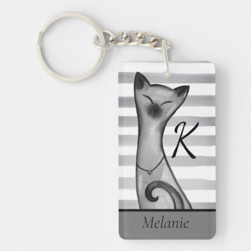 Posh Snooty Cat Striped Personalised Keychain