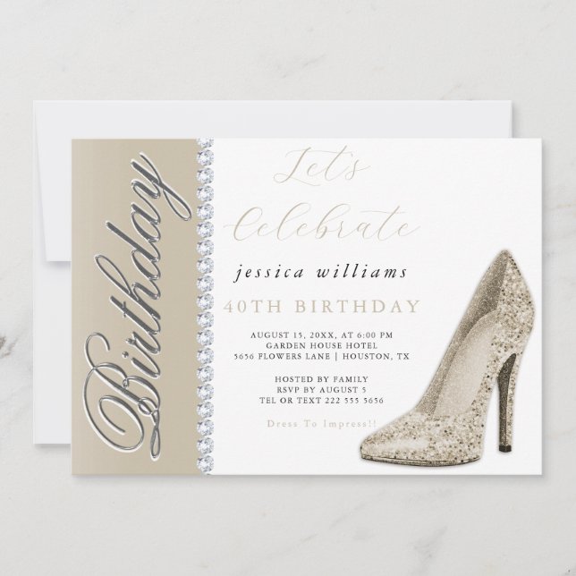 Posh Stiletto & Diamonds Champagne Birthday  Invitation (Front)