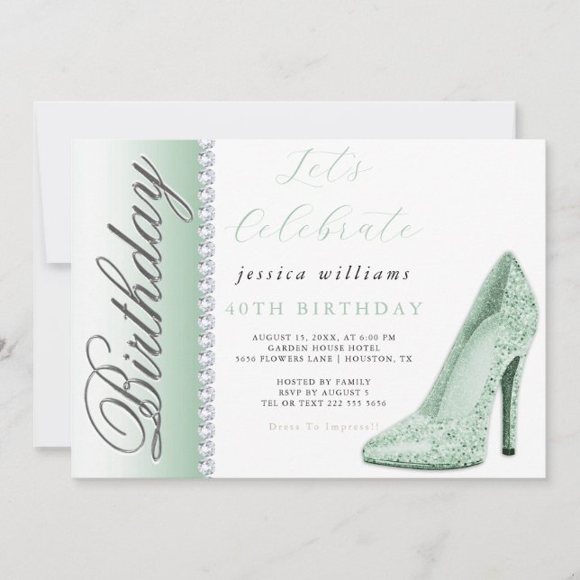 Posh Stiletto & Diamonds Green Birthday  Invitation (Front)