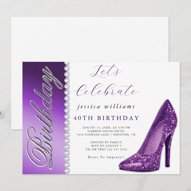 Posh Stiletto & Diamonds Purple Birthday  Invitation (Front/Back)