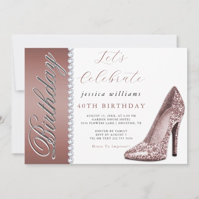 Posh Stiletto & Diamonds Rose Gold Birthday  Invitation (Front)