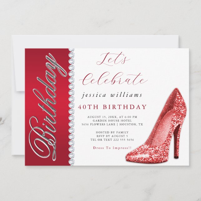 Posh Stiletto & Diamonds Ruby Red Birthday  Invitation (Front)