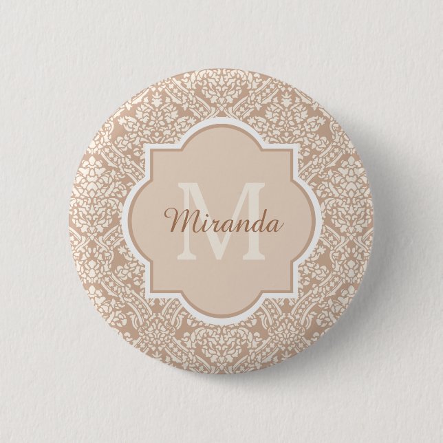 Posh Tan Damask Pattern Monogram With Name Pinback Button (Front)