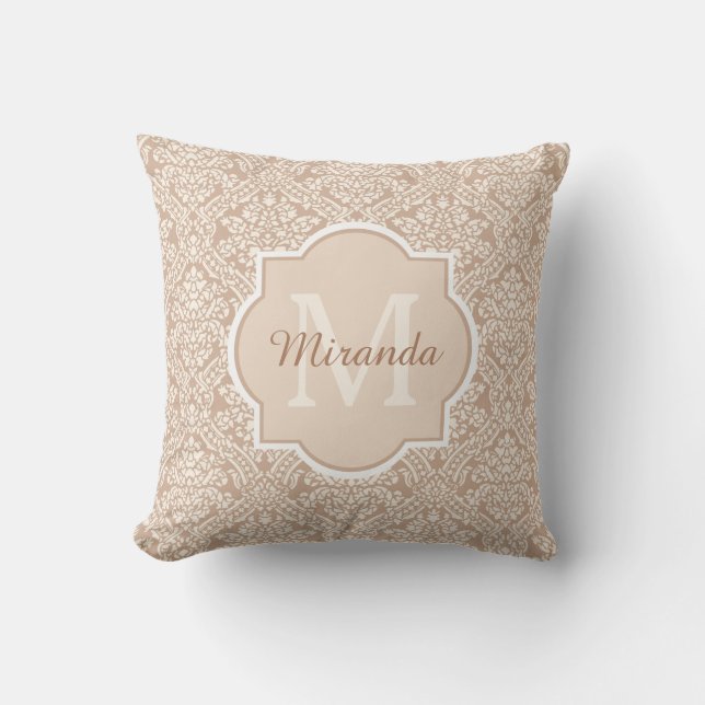 Posh Tan Damask Pattern Monogram With Name Throw Pillow (Front)