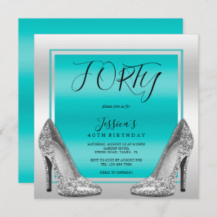 Posh Teal & Silver Stilettos 40th Birthday Invitation