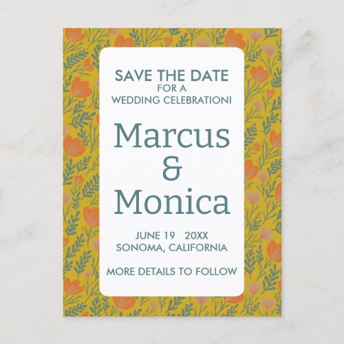 Posies Pattern Blossoms Custom Save the Date Gold Postcard