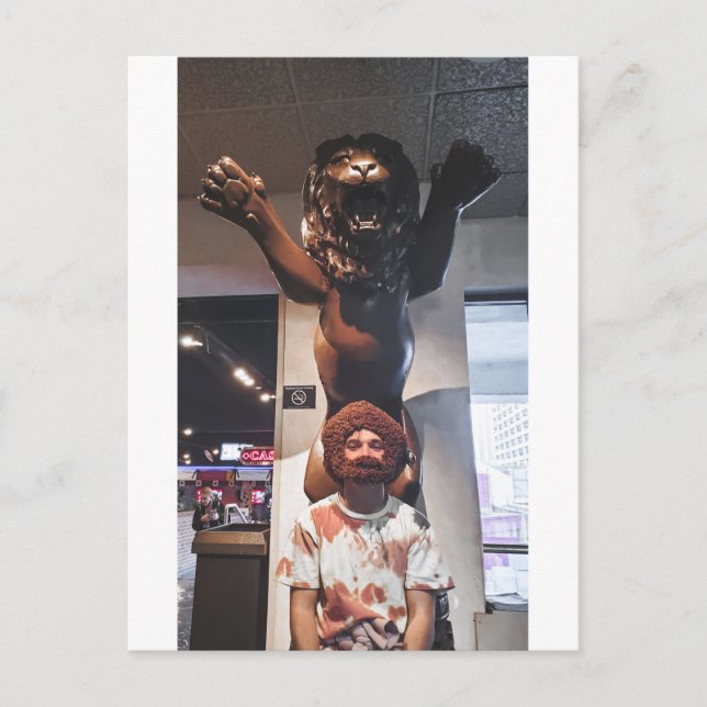 Posing with Large Lion Statue Postcard (Front)