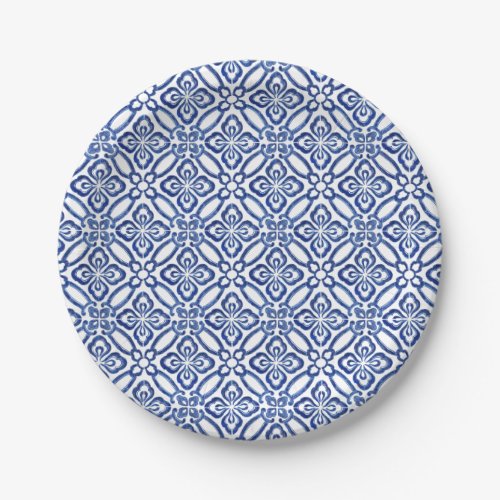 Positano Blue And White Tiles Baby Shower Brunch Paper Plates - Background pattern based on a vintage blue and white tile (azulejo).