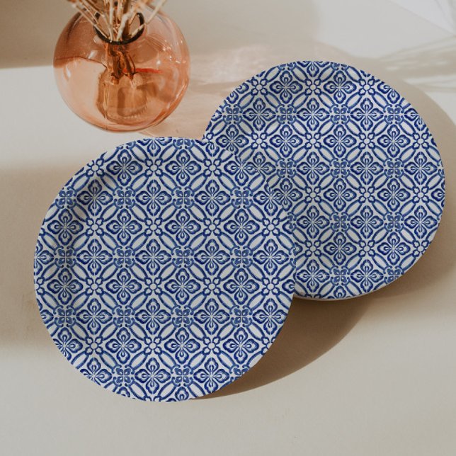 Positano Blue And White Tiles Baby Shower Brunch Paper Plates (Positano blue and white tile print for italian theme bridal shower  or baby shower)