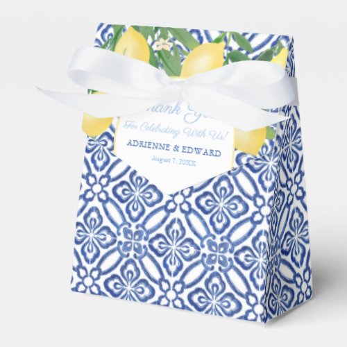 Positano Blue Antique Tiles And Lemons Wedding Favor Box - Modern classic citrus wedding lemons favor boxes, with a background of blue and white vintage tiles.  