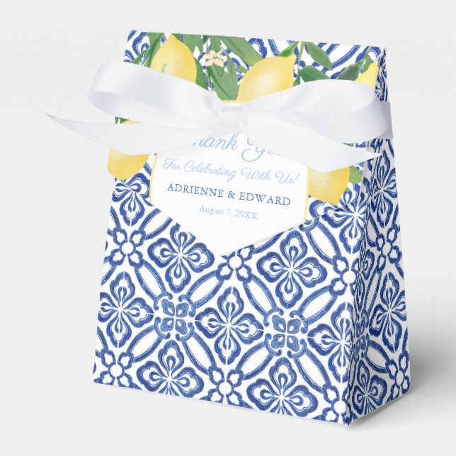 Positano Blue Antique Tiles And Lemons Wedding Favor Boxes (Front Side)