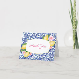 Positano Blue Tile Lemon Pink Floral Bridal Shower Thank You Card