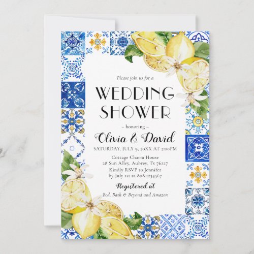 Positano Blue Tile Lemon Wedding Shower Invitation