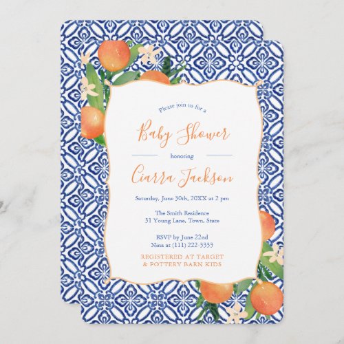 Positano Blue Tiles Citrus Oranges Baby Shower Invitation