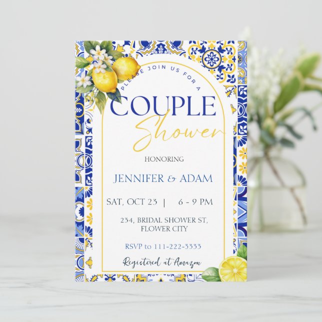 Positano Blue Tiles Lemon Couple Shower Invitation (Standing Front)