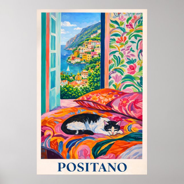 Positano Cat Poster, Amalfi Coast Window View Poster (Front)